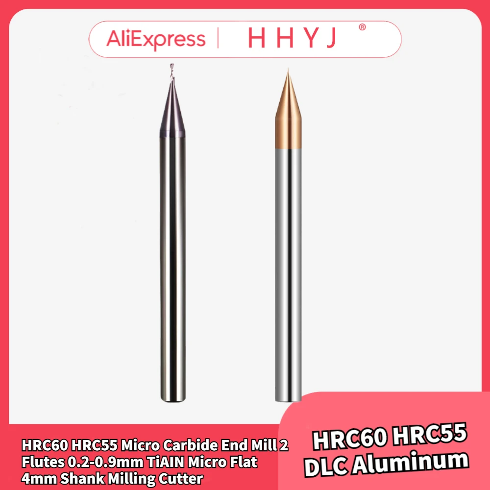 

HRC60 HRC55 Micro Carbide End Mill 2 Flutes 0.2-0.9mm TiAIN Micro Flat 4mm Shank Milling Cutter Mirco Carbide CNC Engraving Bit