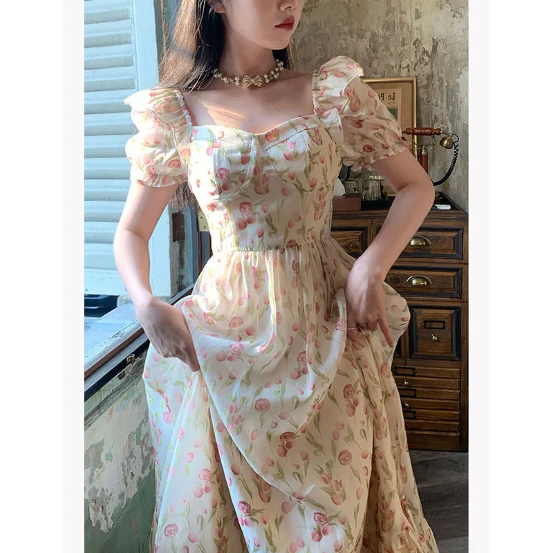 

2023 Spring New Long Dress Casual Tulip French Style with Breast Pad Tea Break Skirt Temperament Niche Design Floral Dress Woman
