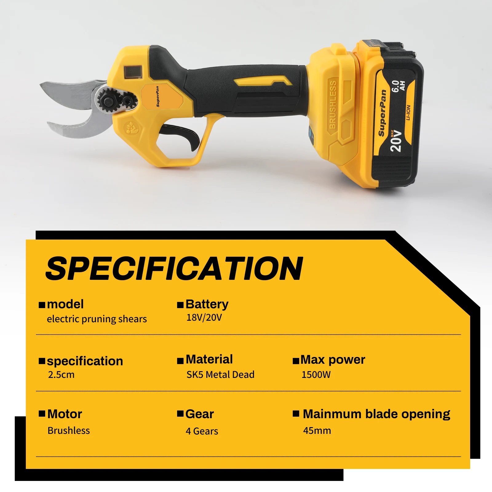 슈퍼팬 전기 전정가위, 배터리 구동식 전정기, 정원 과수원용, 디월트 20V 배터리 핀 호환
