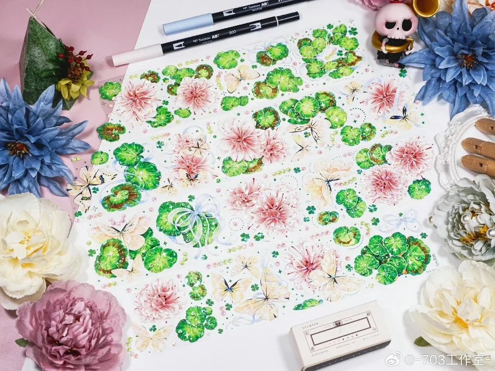 

1 Loop Pink Flowering Green Leaf Pink Floralshiny PET Washi Tape