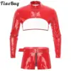 Men Glossy Patent Leather Costume Wetlook Outfit Long Sleeve Zipper Crop Top And Zip Crotch Boxer Shorts Set Clubwear Nightwear 1