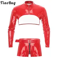 Men Glossy Patent Leather Costume Wetlook Outfit Long Sleeve Zipper Crop Top And Zip Crotch Boxer Shorts Set Clubwear Nightwear 1
