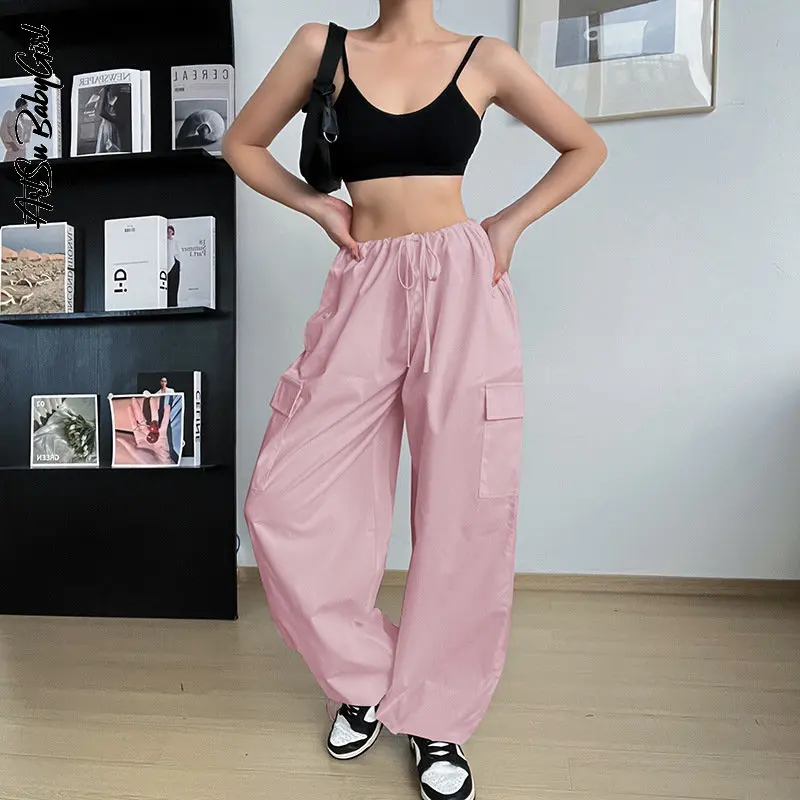 

Women's Cargo Trousers Baggy Pants Loose Drawstring Wide Leg Pants 2000s Y2k Streetwear Hip Hop Solid Casual High Waist Trousers