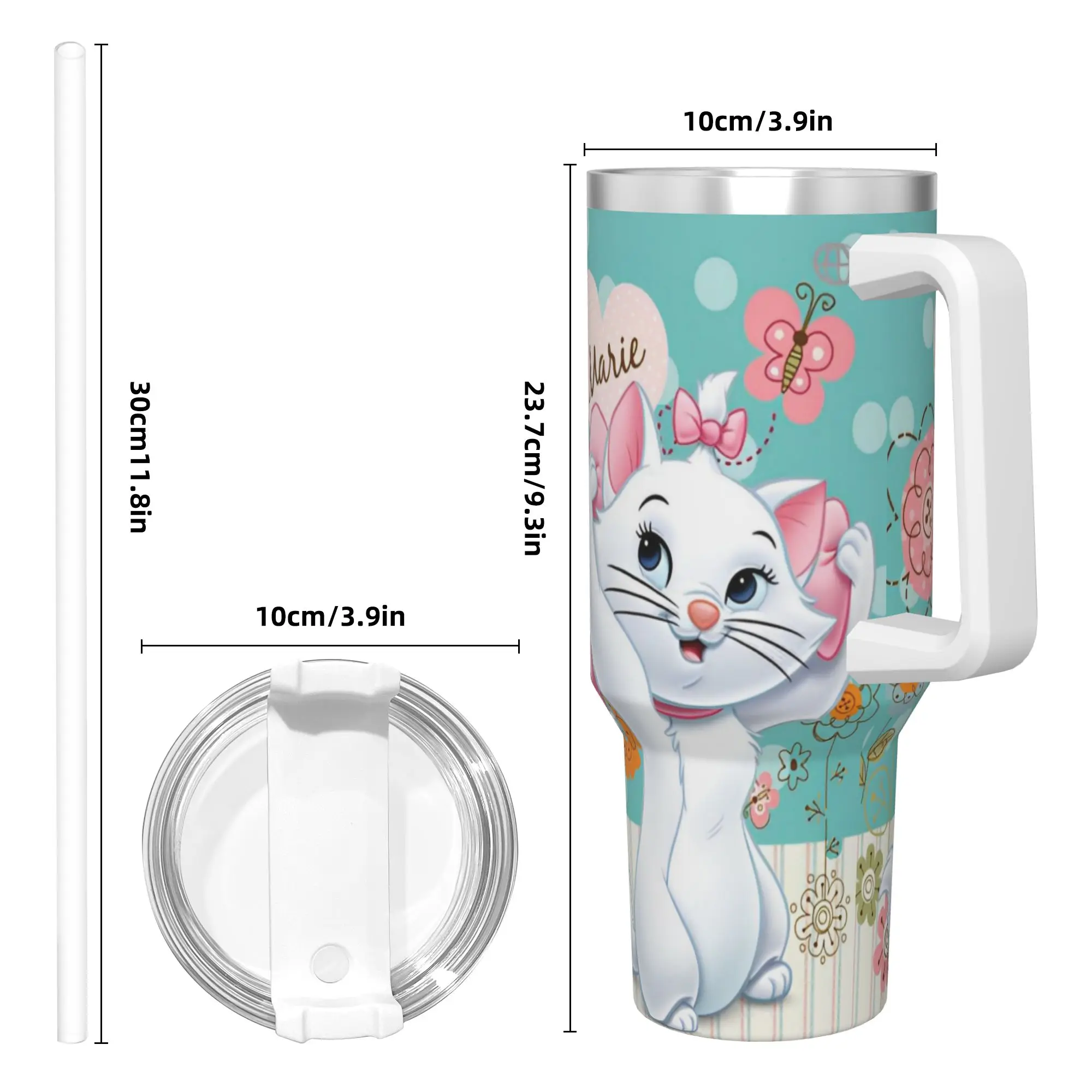 Stainless Steel Aristocats Marie Cat Tumbler with Straw - Large Capacity Thermal Mug