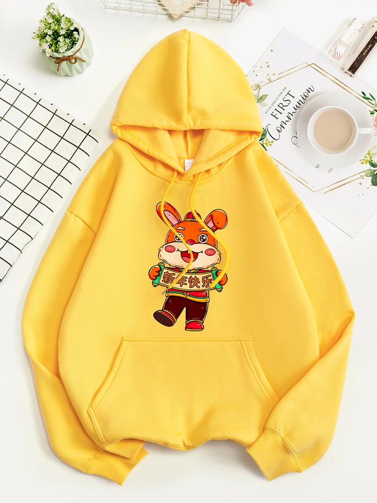 

The Year Of The Rabbit Rabbit With Couplet Cotton Hooded Simple Sweatshirts Autumn Quality Streetwear Street Warm Pullovers
