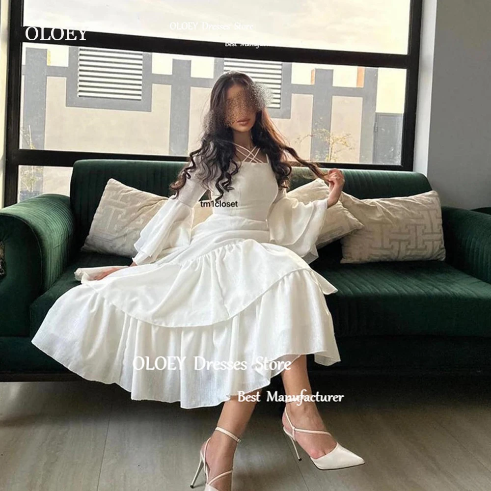 

OLOEY Vintage Ivory Cotton Evening Party Dresses Flare Long Sleeves Tiered Saudi Arabic Women Prom Gowns Formal Event Dress