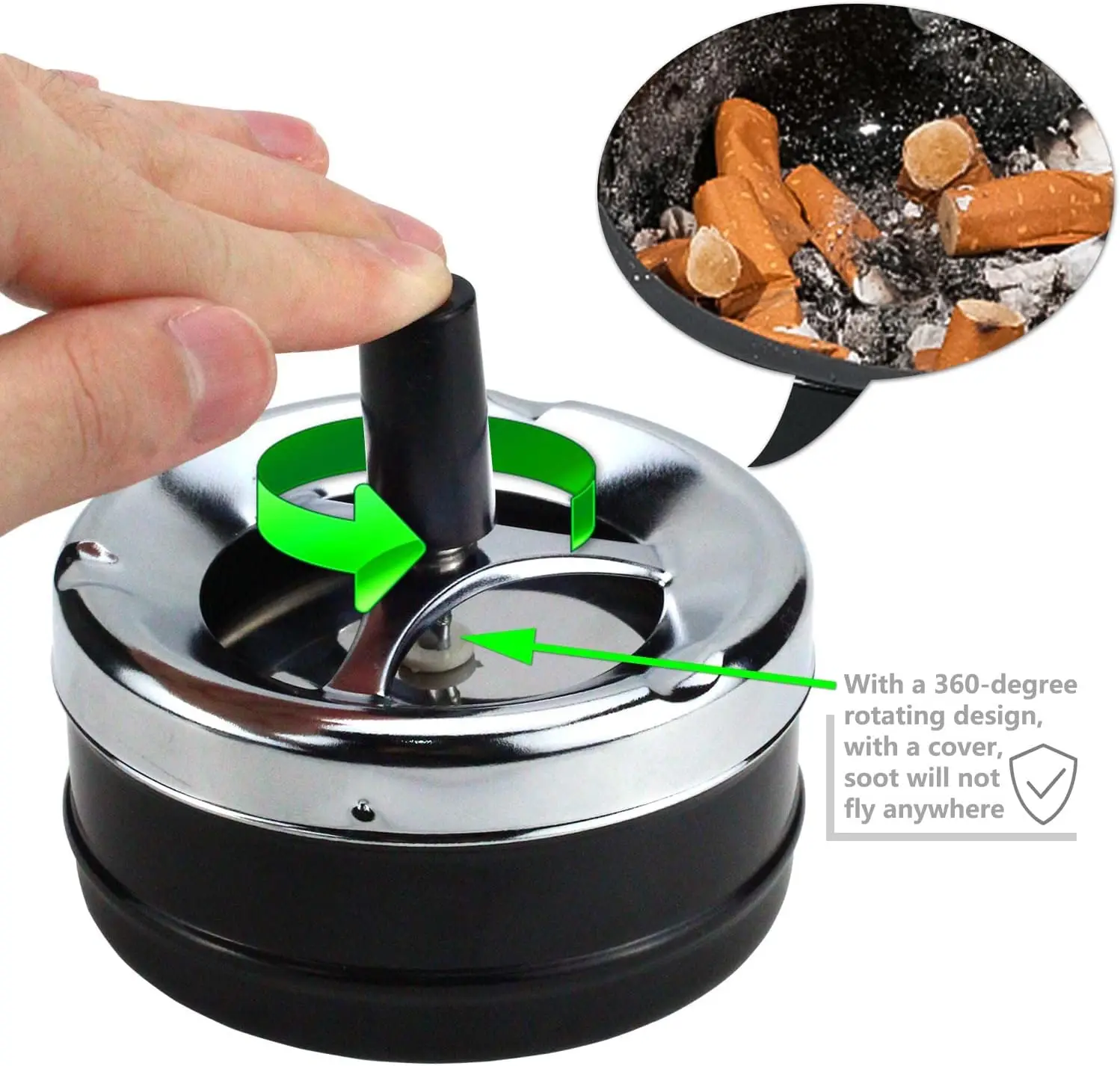 Cool Ashtray Stainless Steel Push Down Spinning Ashtray Self-Cleaning Ashtray With Lid Cover Ash Tray for Cigarette Smoking 2