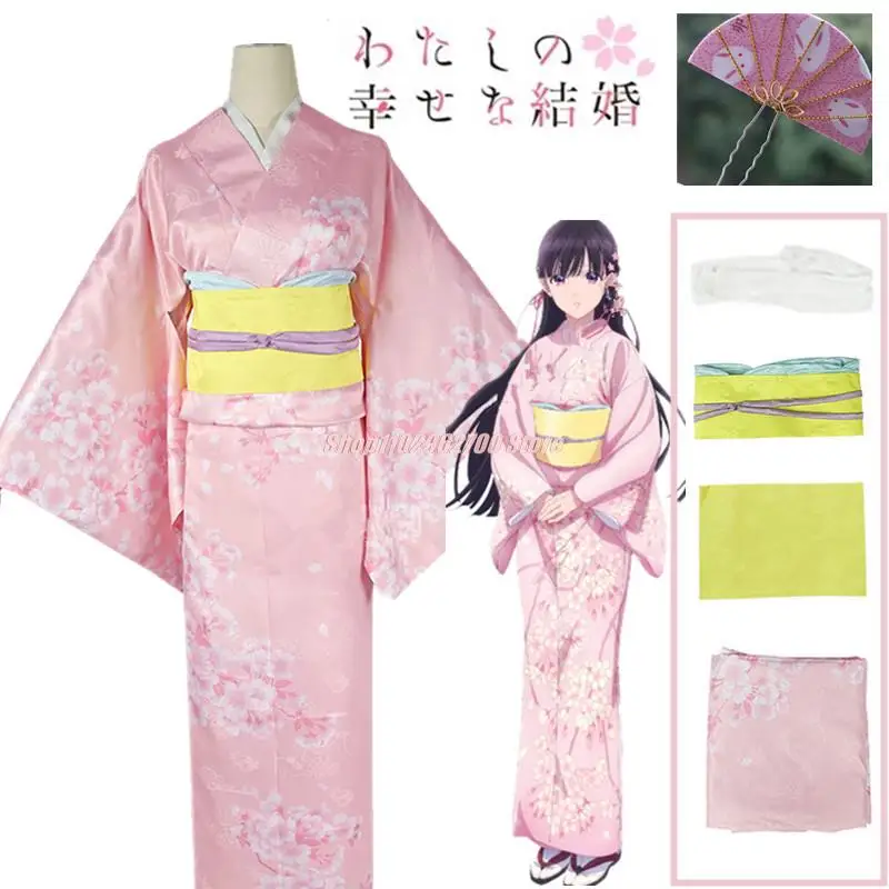 

Anime My Happy Marriage Miyo Saimori Cosplay Costume Kimono Pink Dress Outfit Headwear Japanese Clothing Halloween Party Women
