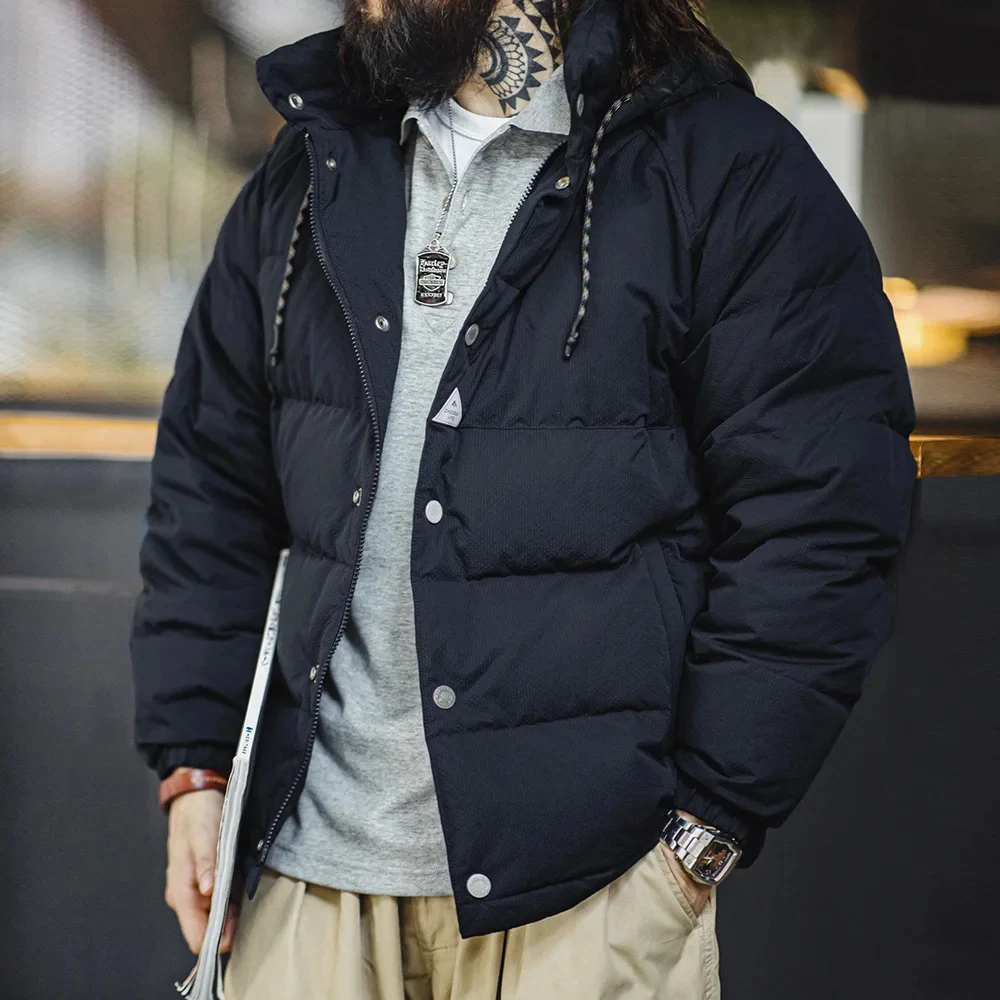 Maden Men's Winter Wide Quilting Seam Thickened Down Jacket White Duck Down Navy Blue Hooded Jacket High Density Fabric Warm Top down jacket mens jacket