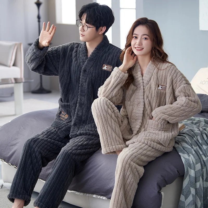 

Flannel Kimono For Couples V Neck Men's Pijamas Coral Fleece Warm Women Nightwear Man Homesuit Lovers Sleepwear Dropship