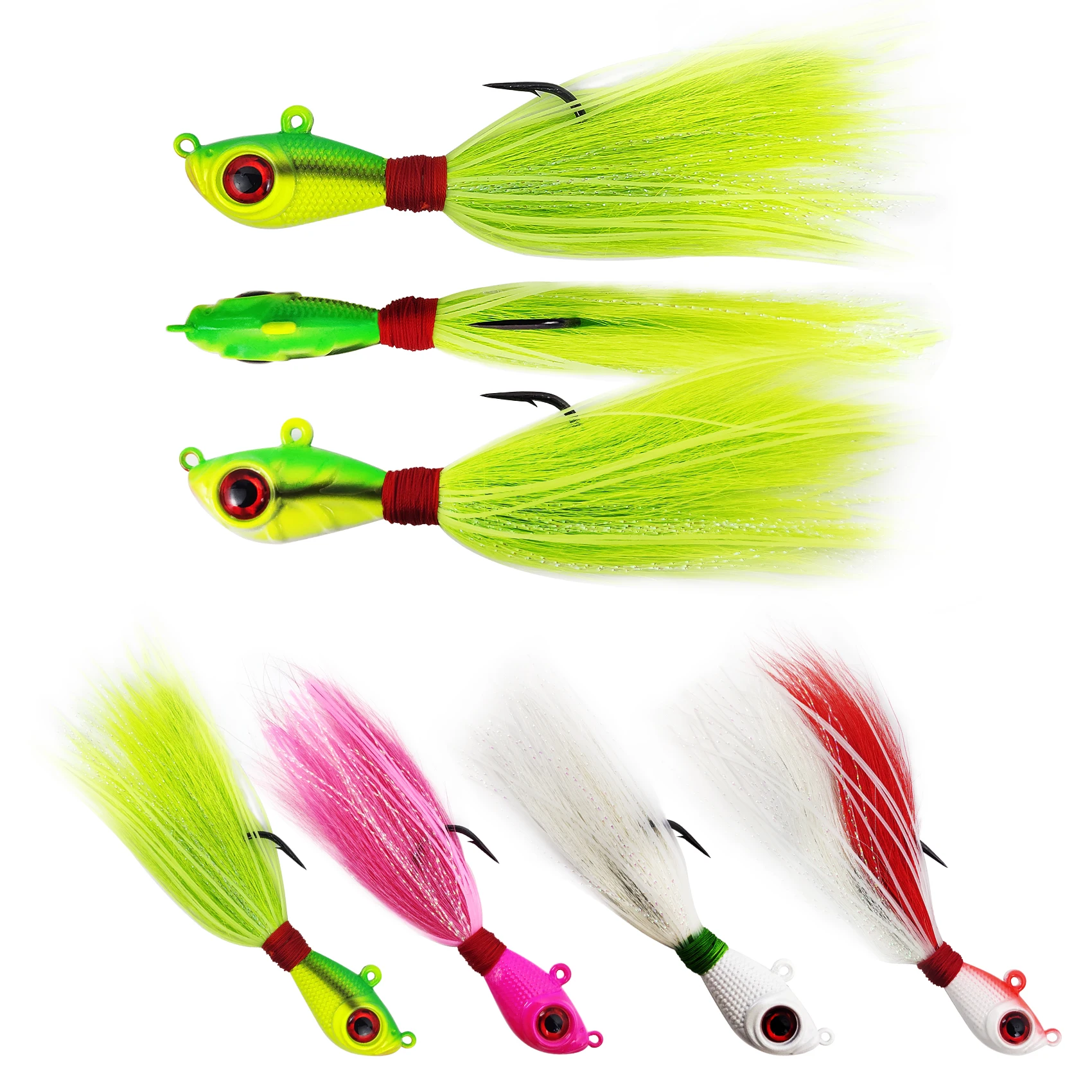 Aventik Glow Bucktail Jigs Head 3D Eyes Bait with UV Silicone