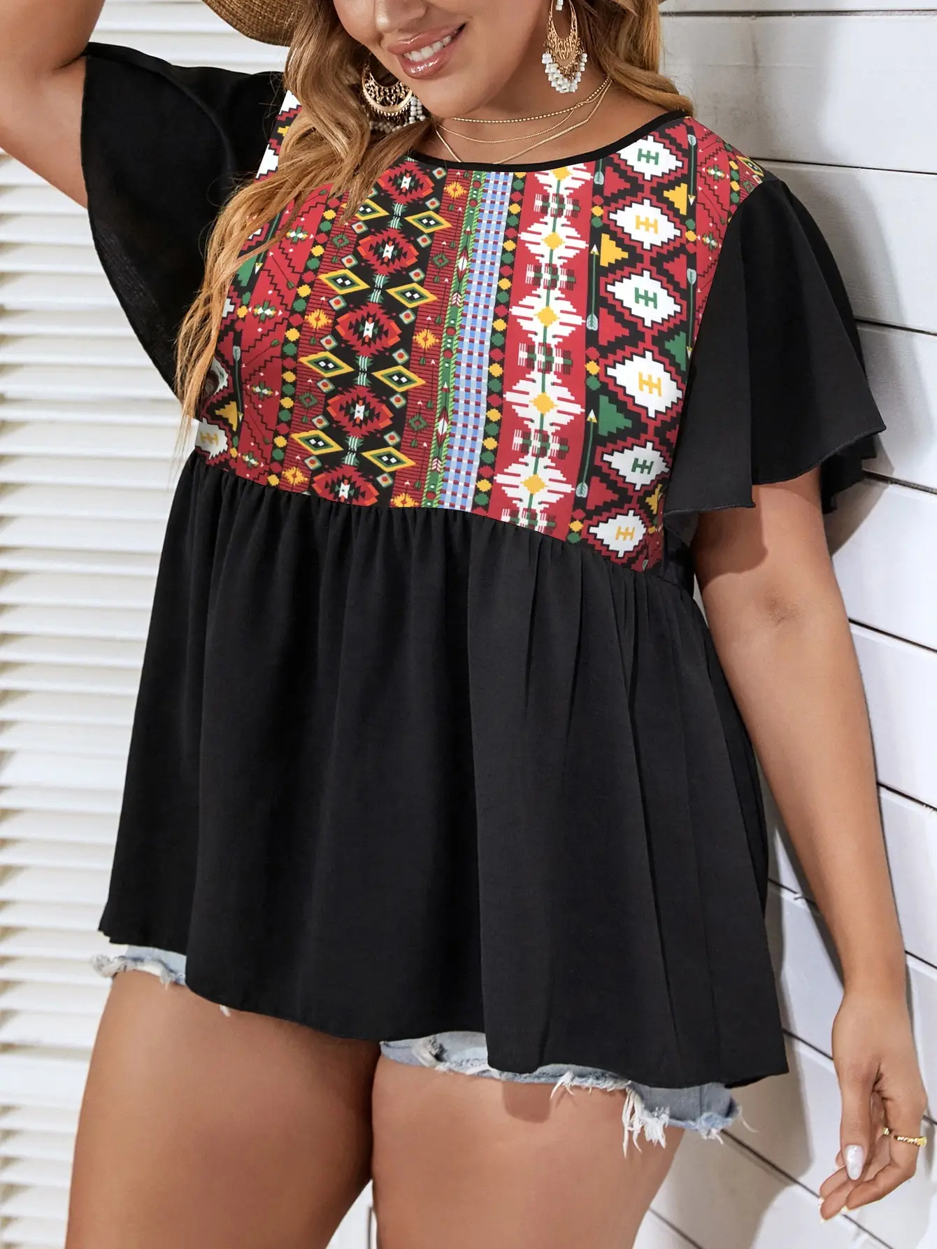 Finjani Plus Size Geo Print Butterfly Sleeve Peplum Blouse 2022 Summer Women Short Sleeve Fashion Tops Loose O-Neck Tee