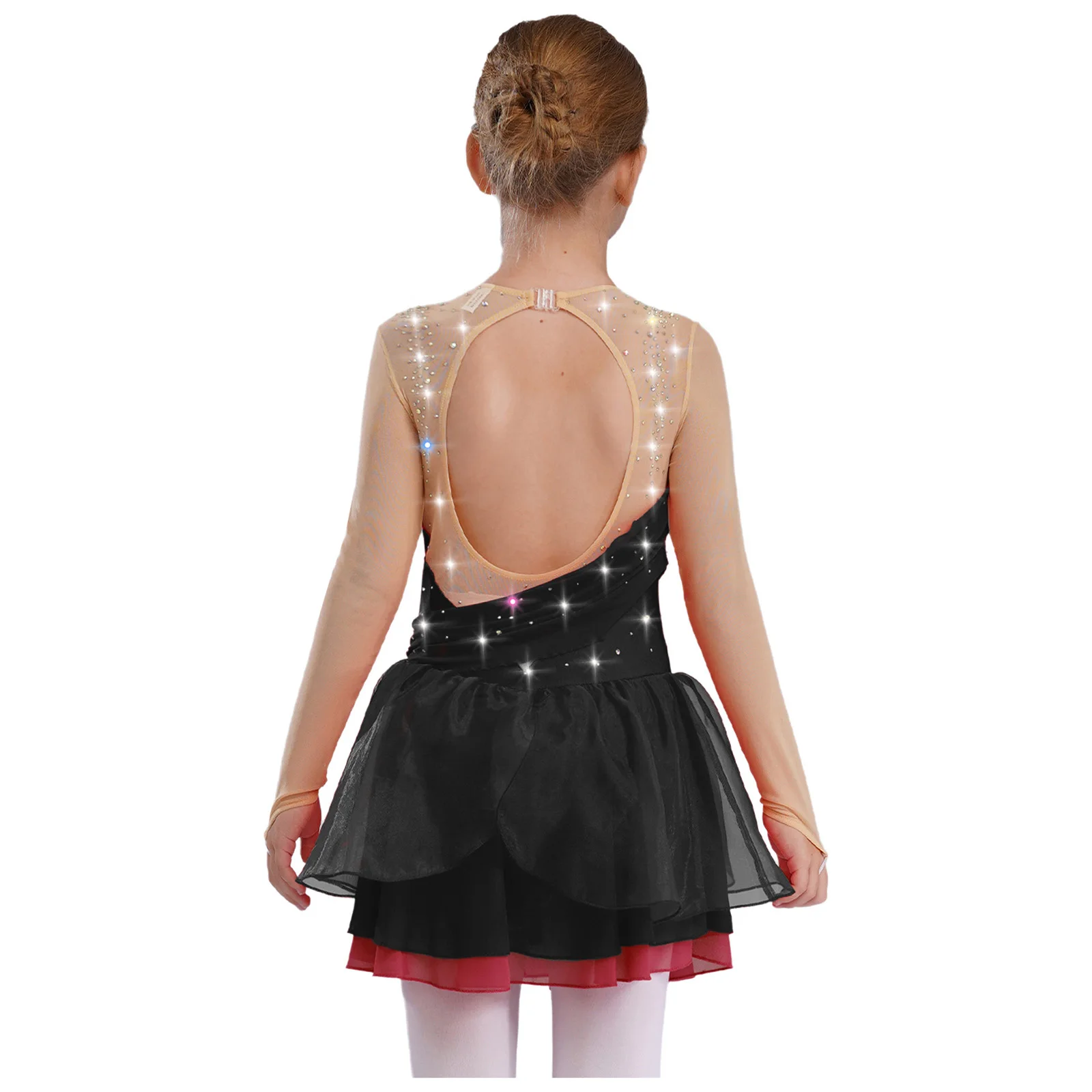 Kinder Mädchen Eiskunstlauf Performance Kostüm Glänzende Strasssteine Lyrisches Tanzkleid Sheer Mesh Long Sleeves Cutout Back Kleider – Detail 11