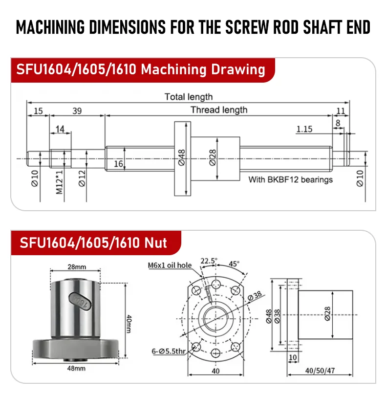 SFU1604/1605/1610 Kugelumlaufspindel gerollt C7 mit bearbeitetem Ende 150–1150 mm + DSG16H-Gehäuse + BKBF/EKEF/FKFF12-Endhalterung + Kupplung D25L30 – Detail 8