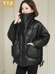 Winter Stand Collar Windproof Women Thick Warm Sheepskin Genuine Leather Down Jacket Oversized Loose Fit Overcoat Vintage Coat