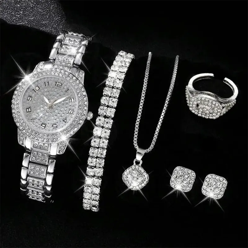 6PCS Women Watch Elegant Alloy Crystal Wristwatch