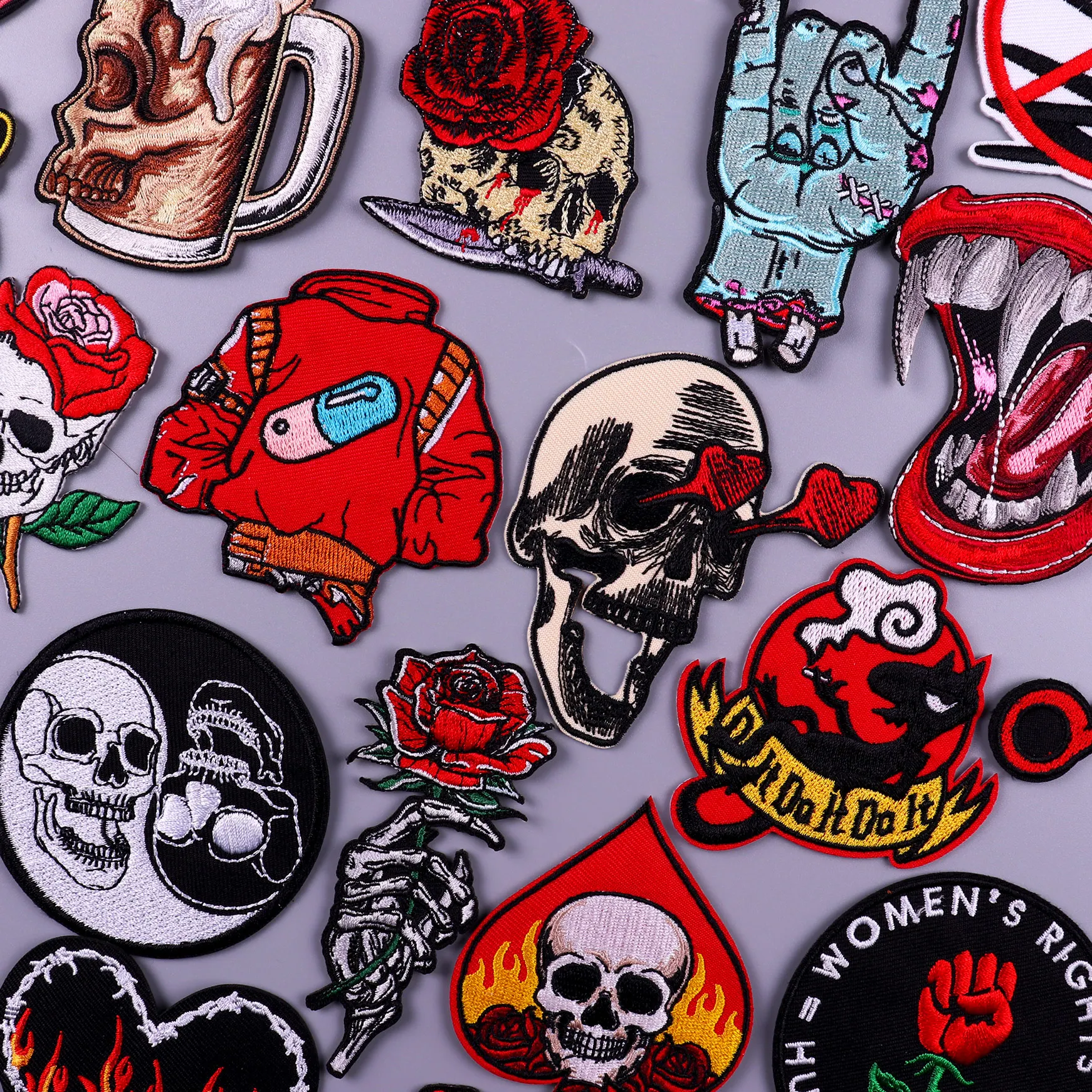 Rider's House WHITE & RED Motorcycle Skull Patches For Clothes Embroidery Cross  Patches Iron on Patches DIY Accessories