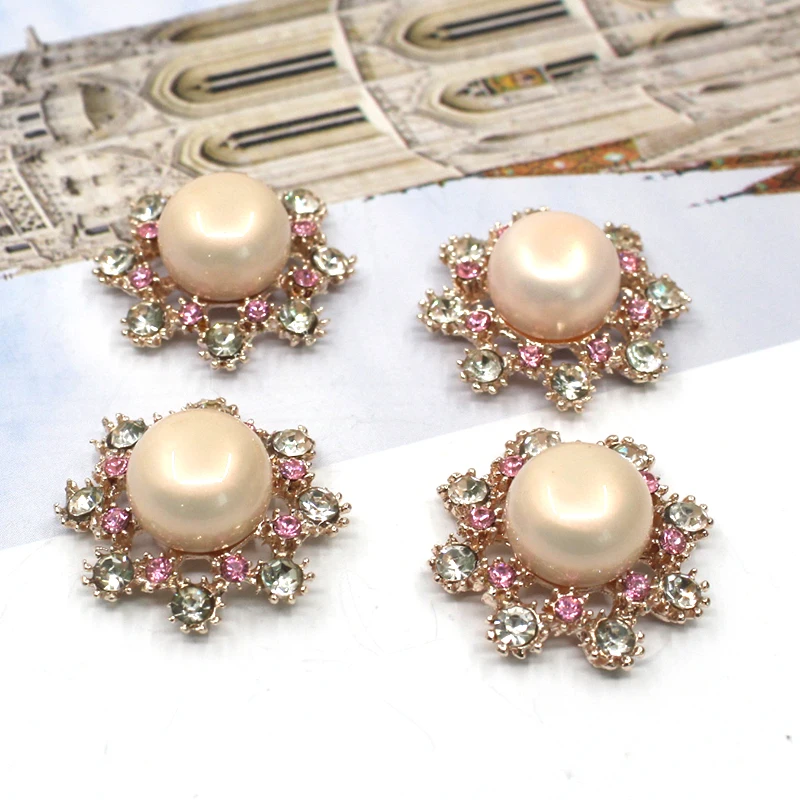 

New 100pcs 25mm Metal Pink Pearl Buttons Diamond Rhinestone Button Wedding Invitations Hair Flower Center Sewing Scrapbooking