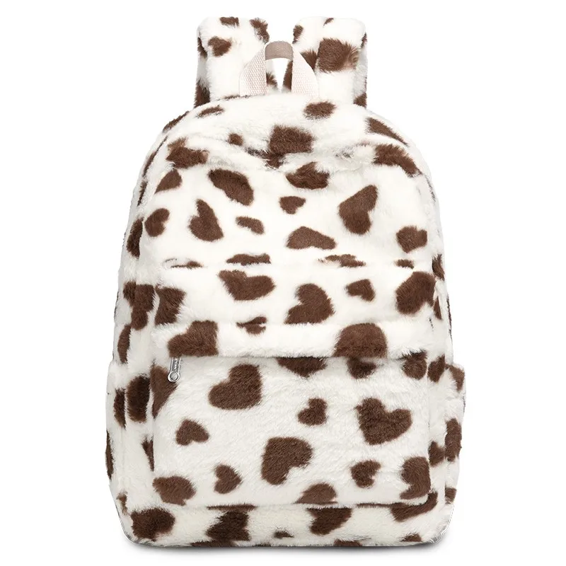 Leopard Print College Backpack Adjustable Straps Plush School Bag Large Camping Daypack for Women Daily Work Travel and Shopping