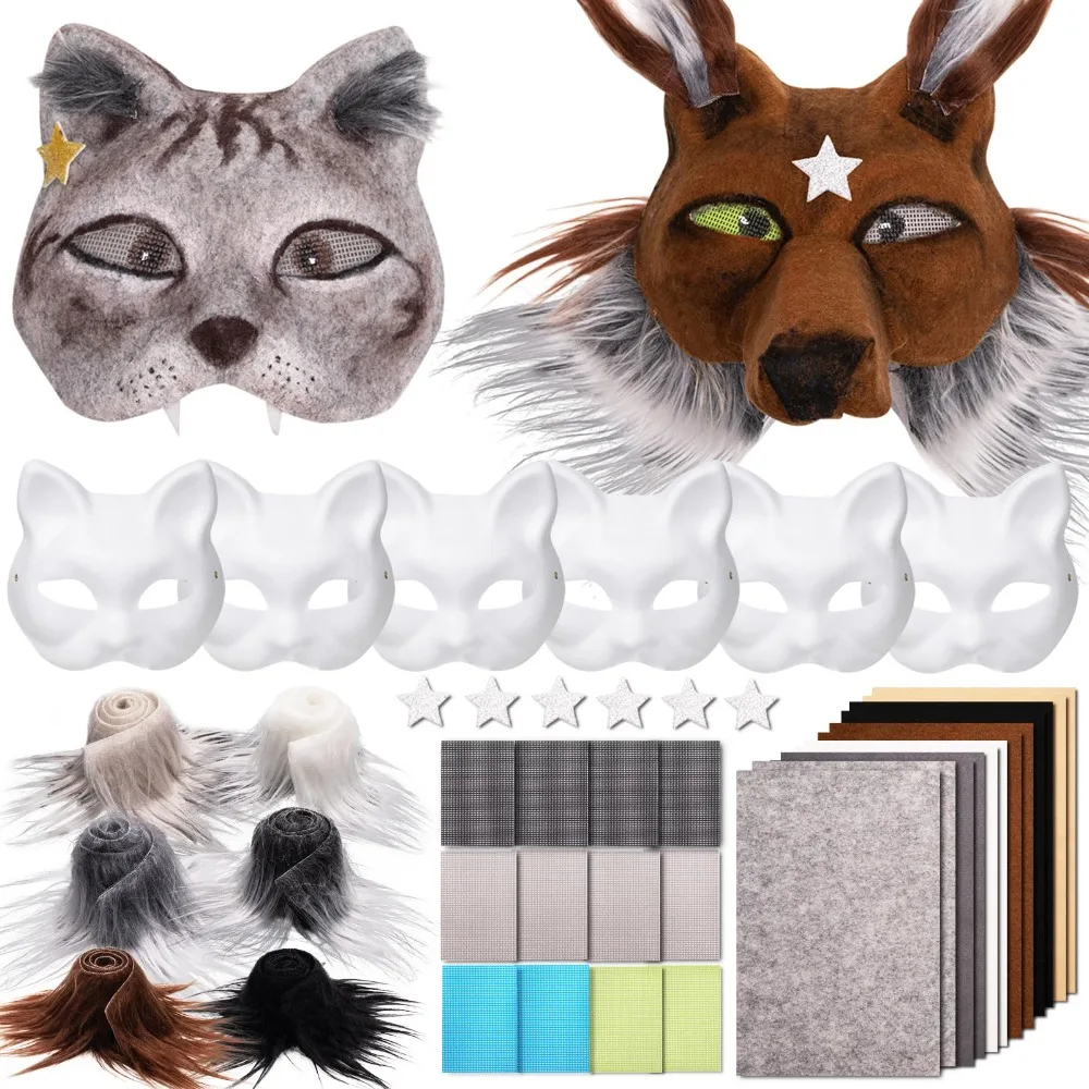 DIY Animal Mask 42pcs Cat Fox Therian Masks with Felt Furs Eye Meshes ...