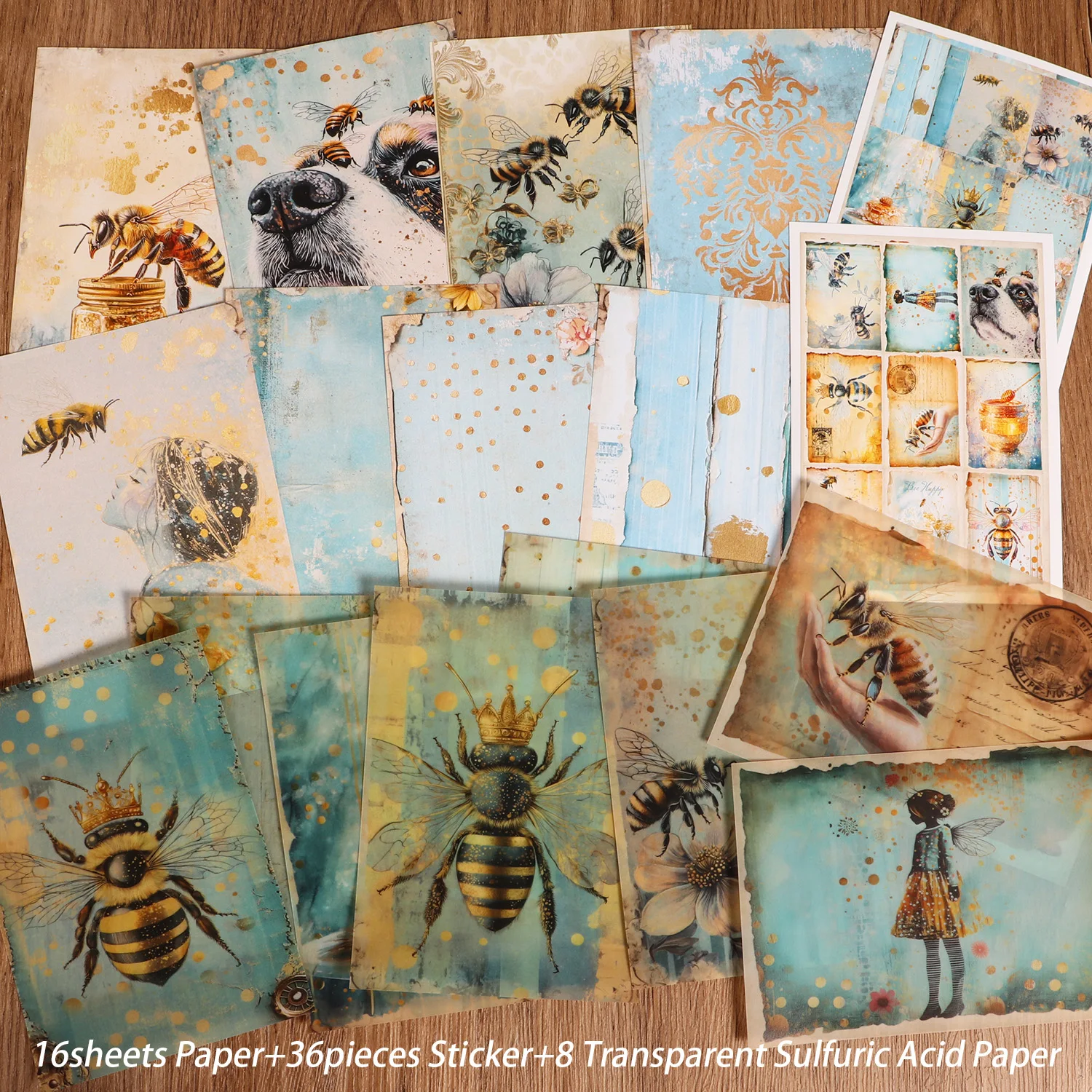 16 Papiere, 8 transparente Schwefelsäurepapiere und 36 Aufkleber, Honigbiene, DIY-Junk-Dekorationspapier, für Kunsthandwerk, Scrapbooking – Detail 8