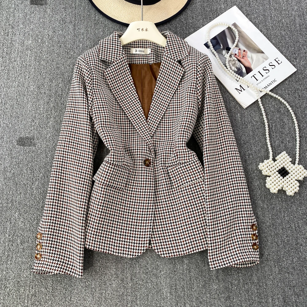 

HIGH QUANLITY Newest 2023 Designer Jacket Women's Single Buckle Slim Fitting Houndstooth Blazer
