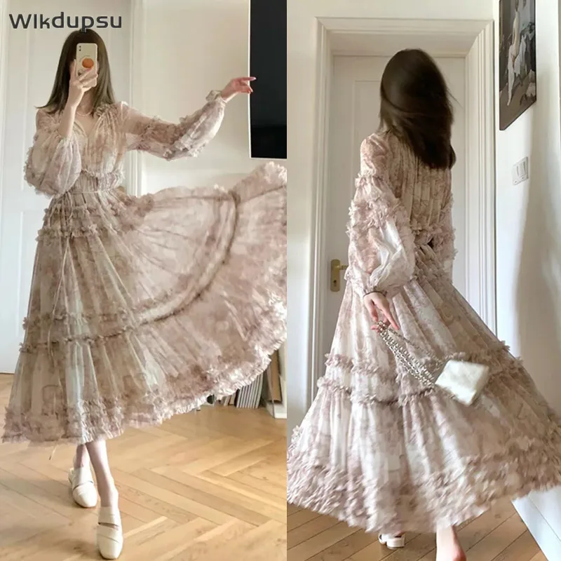

Vintage Retro Luxury Designer Long Dress Women Elegant Spring Summer Ruffle Printed High Quality Casual Party Vestidos Female