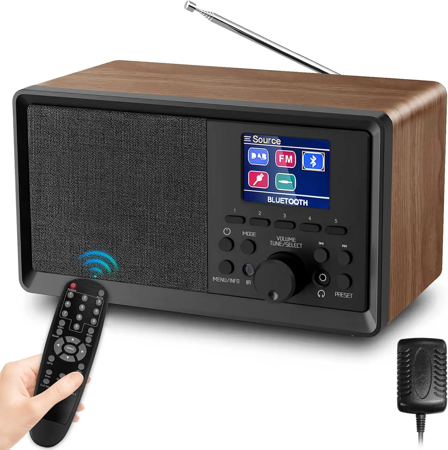 다기능 DAB/FM 라디오 블루투스 5.0 스피커, 리모컨이 있는 레트로 우드 ..