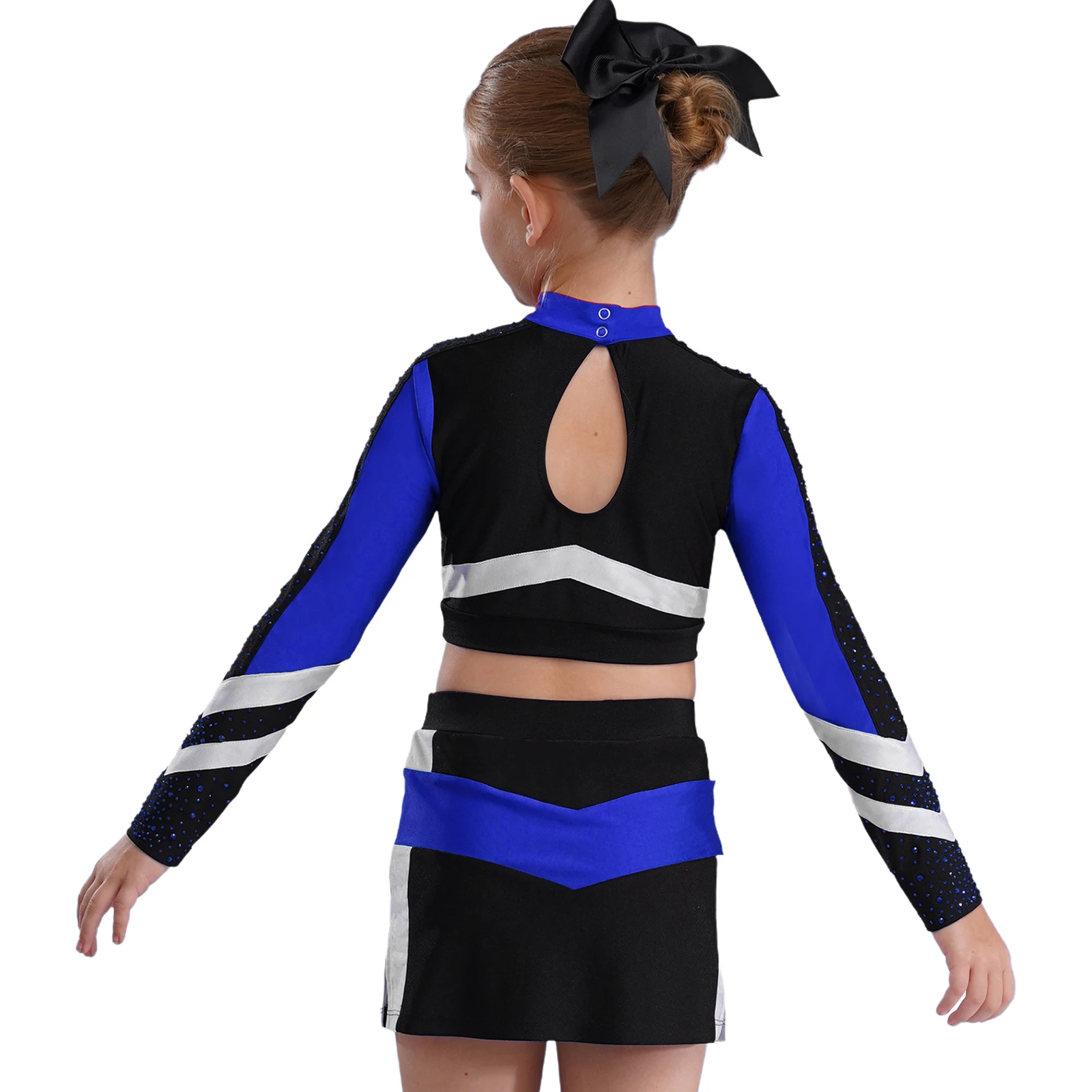 Cheerleader-Kostüm für Mädchen, Schul-Cheerleading-Outfit, Stehkragen, lange Ärmel, glänzende Strass-Crop-Tops mit seitlich geschlitztem Rock – Detail 13