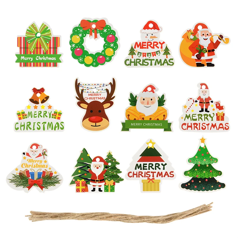 

12pcs Merry Christmas Gift Tags Santa Claus Snowman DIY Handmade Gifts Wrapping Paper Labels Xmas tree Hanging Tag Navidad Decor