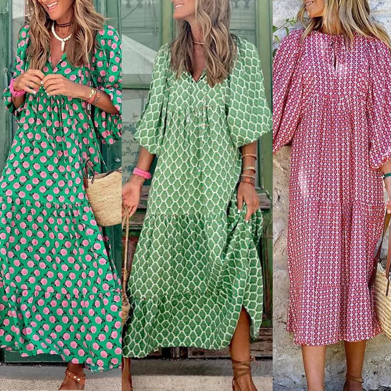 

2023 New Autumn Big Size Women's Loose Bohemian Dress Round Neck Lantern Sleeve Sweet Rustic Style Teenage Girls Printed Dresses