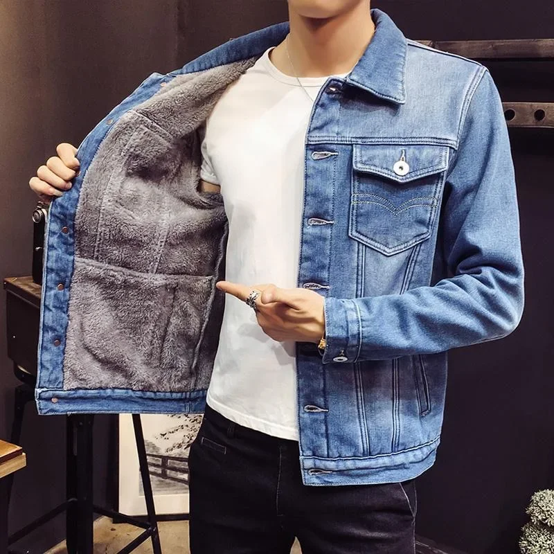 Autumn and Winter New Fashion Solid Color Plus Cashmere Denim Jacket Men's Casual Loose Thick Warm Large Size Jacket M-4XL