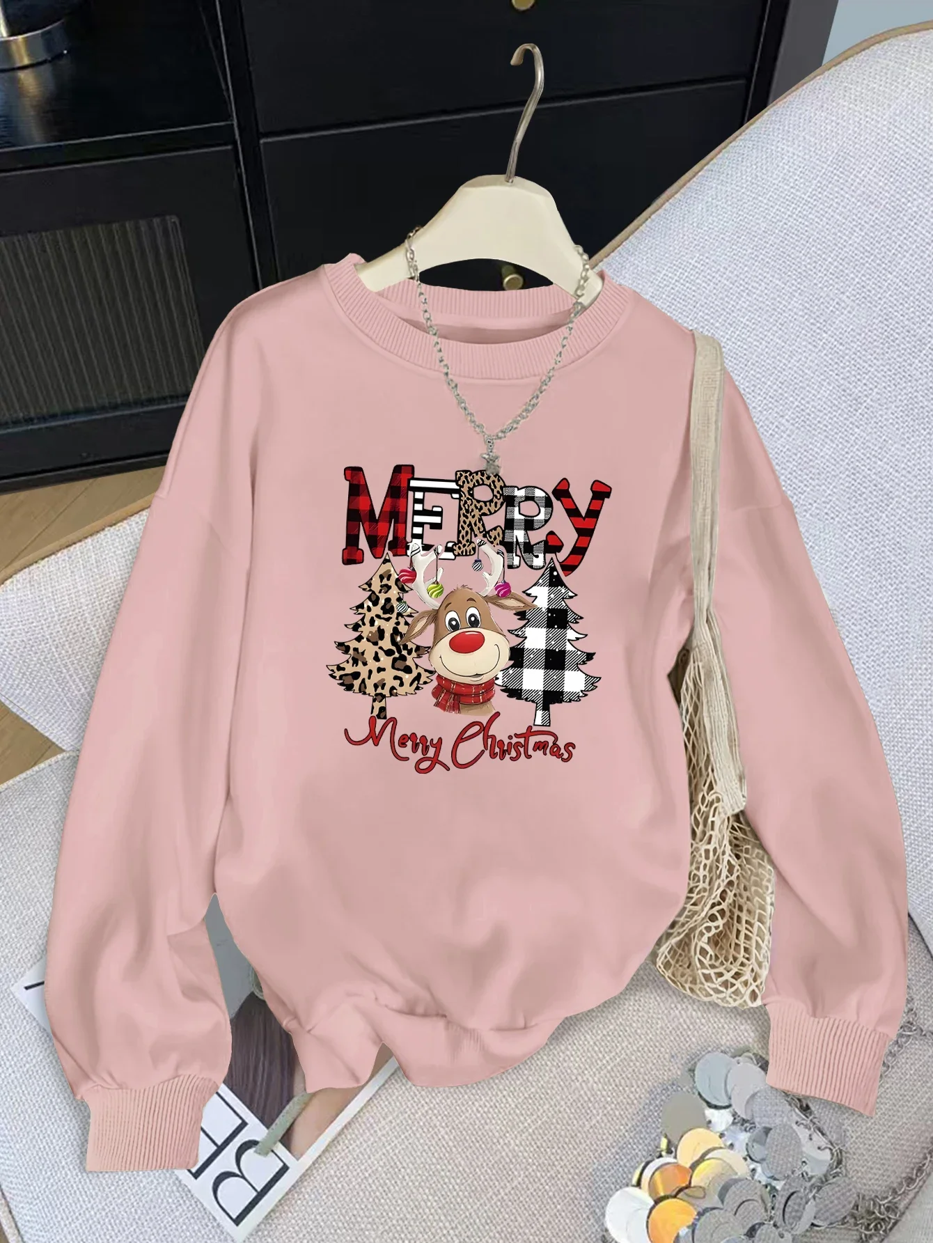 Christmas womens simple printed long sleeved round neck pullover knitted fabric loose fit autumn and winter fashionable top 2