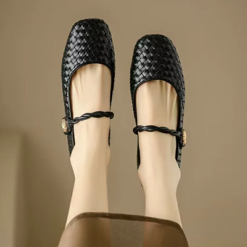 New Women's Flats Square Toe Mary Janes Shoes Woven Leather Shoes for Female Low Heels Designer Shoes Ballet Flats Autumn 2
