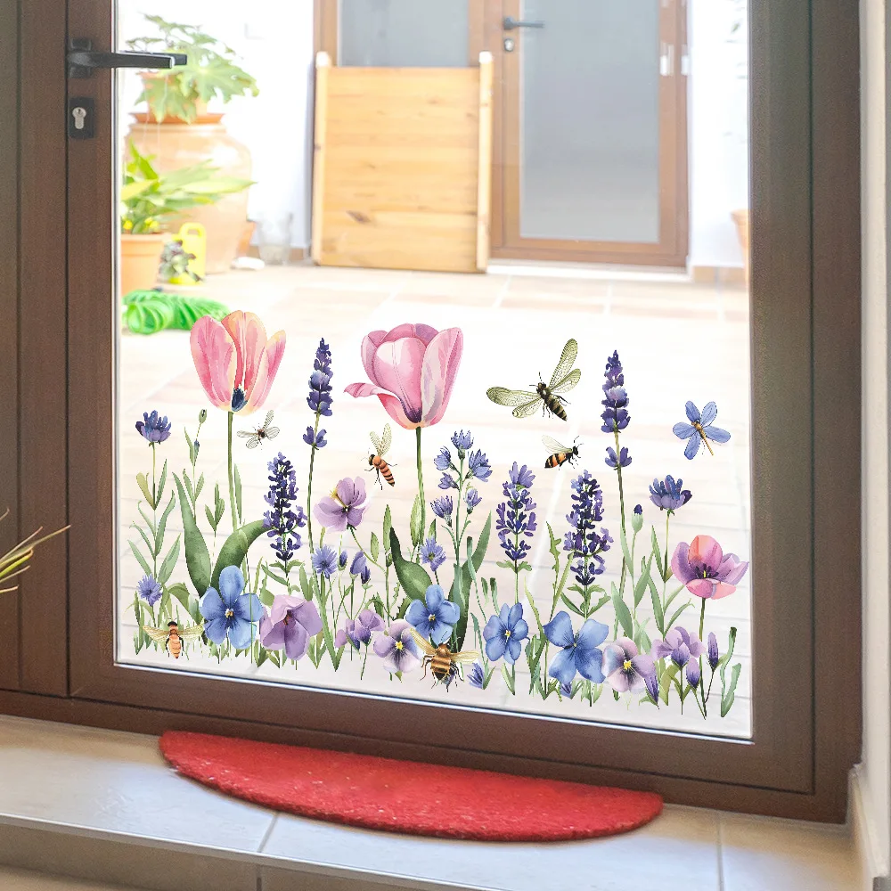 Window Stickers Tulip Honeybee Double Visual Cabinet Glass Decor Cling Decals Home Decoration
