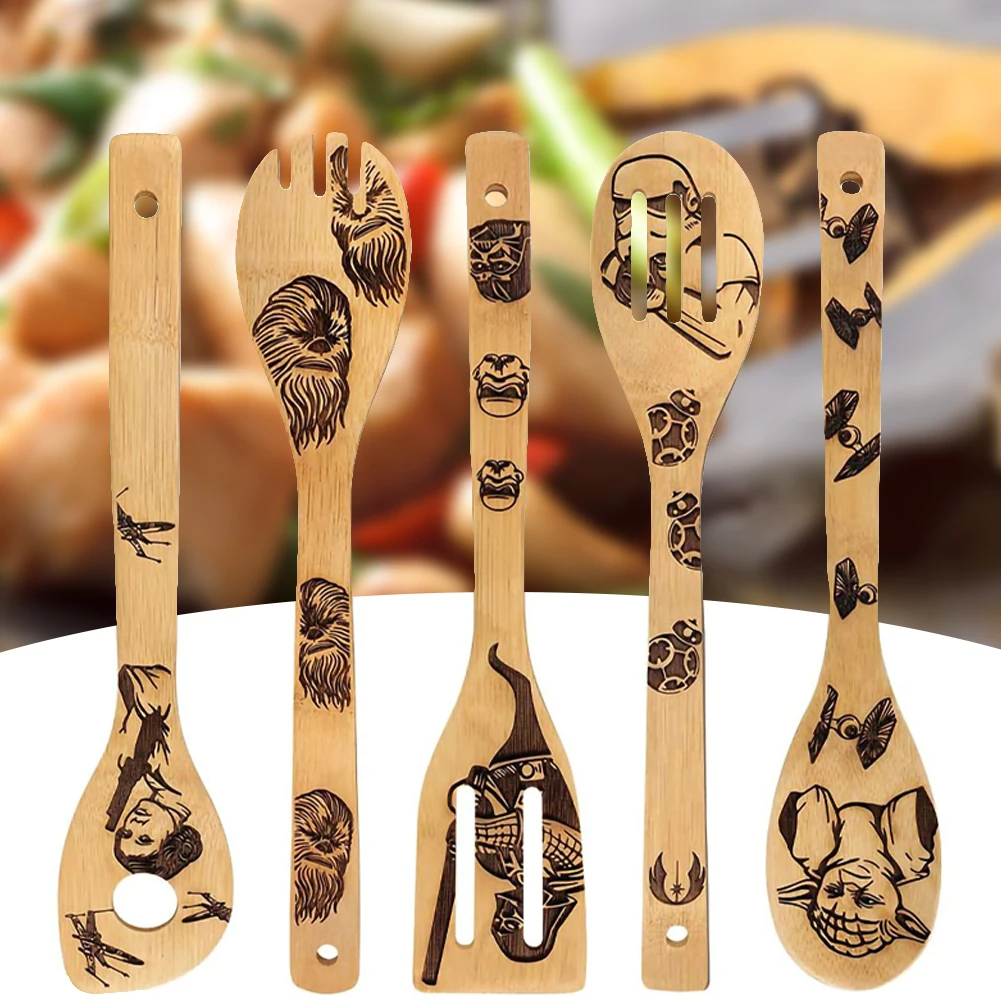 

Kitchen Shovels Supplies Deco Halloween Bamboo Wood Wok Shovels Slotted Spatula Spoon Mixing Holder Cooking Utensils Dinner 5PCS