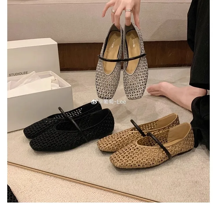 Quadratischer Kopf, hohl, gewebt, lässig, bequem, flache Damenschuhe, ausgeschnittene Mary Jane-Einschichtschuhe, Netzschuhe – Detail 2