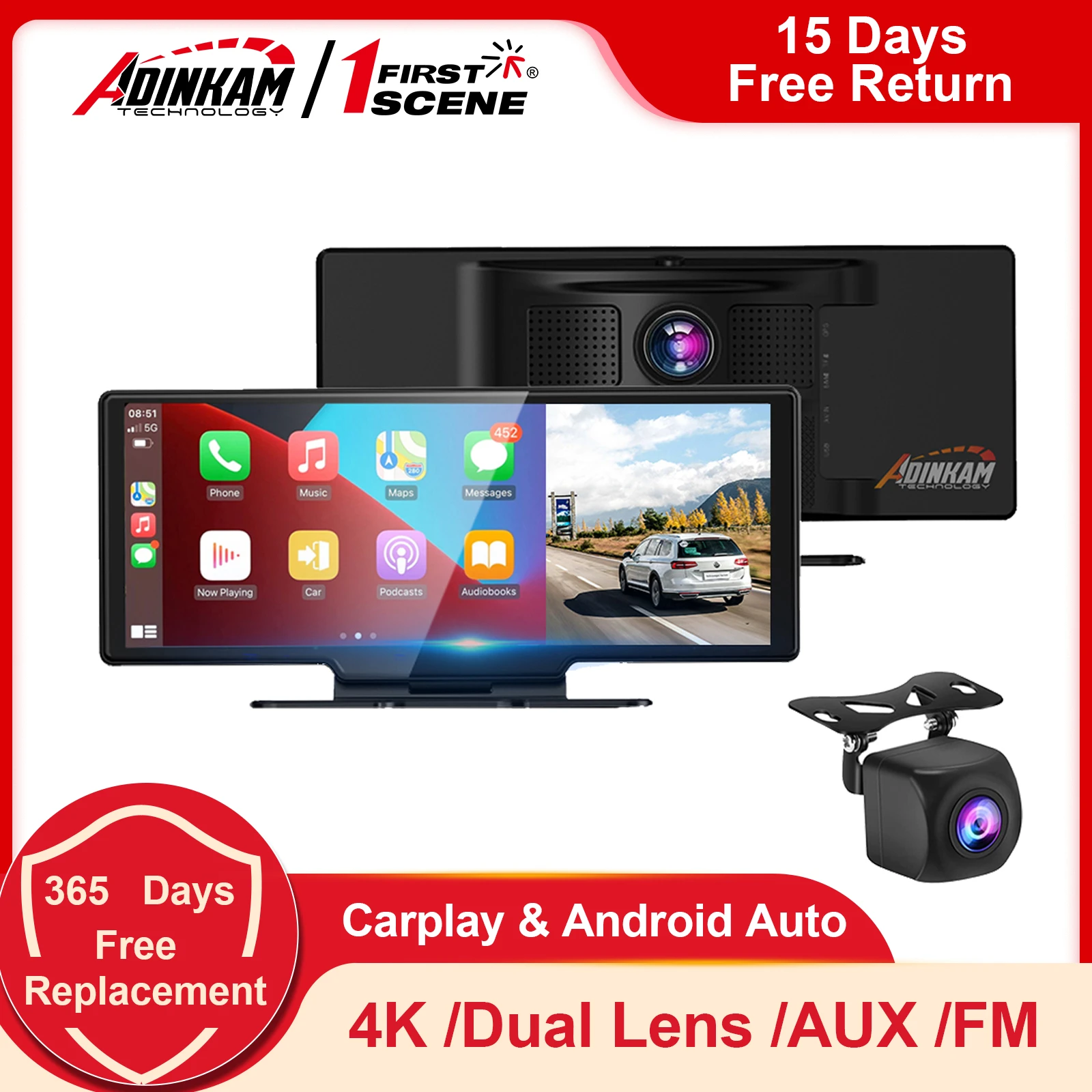 Upgraded! 10.26 Inch 4K Dual Lens Dash Cam ADINKAM Apple Carplay