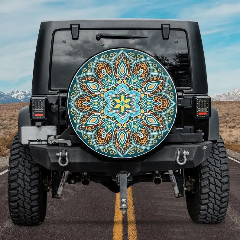 

Unique Spare Tire Covers, Boho Mandala Turquoise Spare Tire Cover With Or Without Backup Camera Hole, Spare Tire Cover CRV, Car
