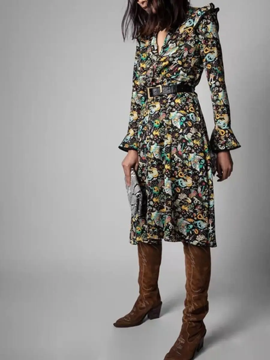 

Women Knee Length Dress Printed Ruffles Flare Sleeve Or Vintage Shirt