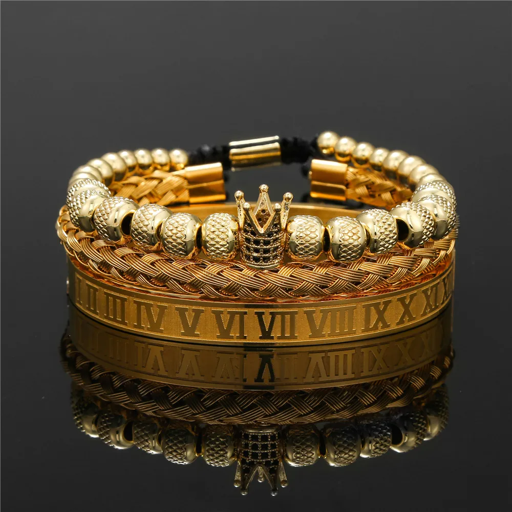 

3pcs/Set Luxury Gold Royal CZ King Crown Men Bracelets Roman Numeral Bracelet Sets Braided Adjustable Bangle Bracelet Pulseira