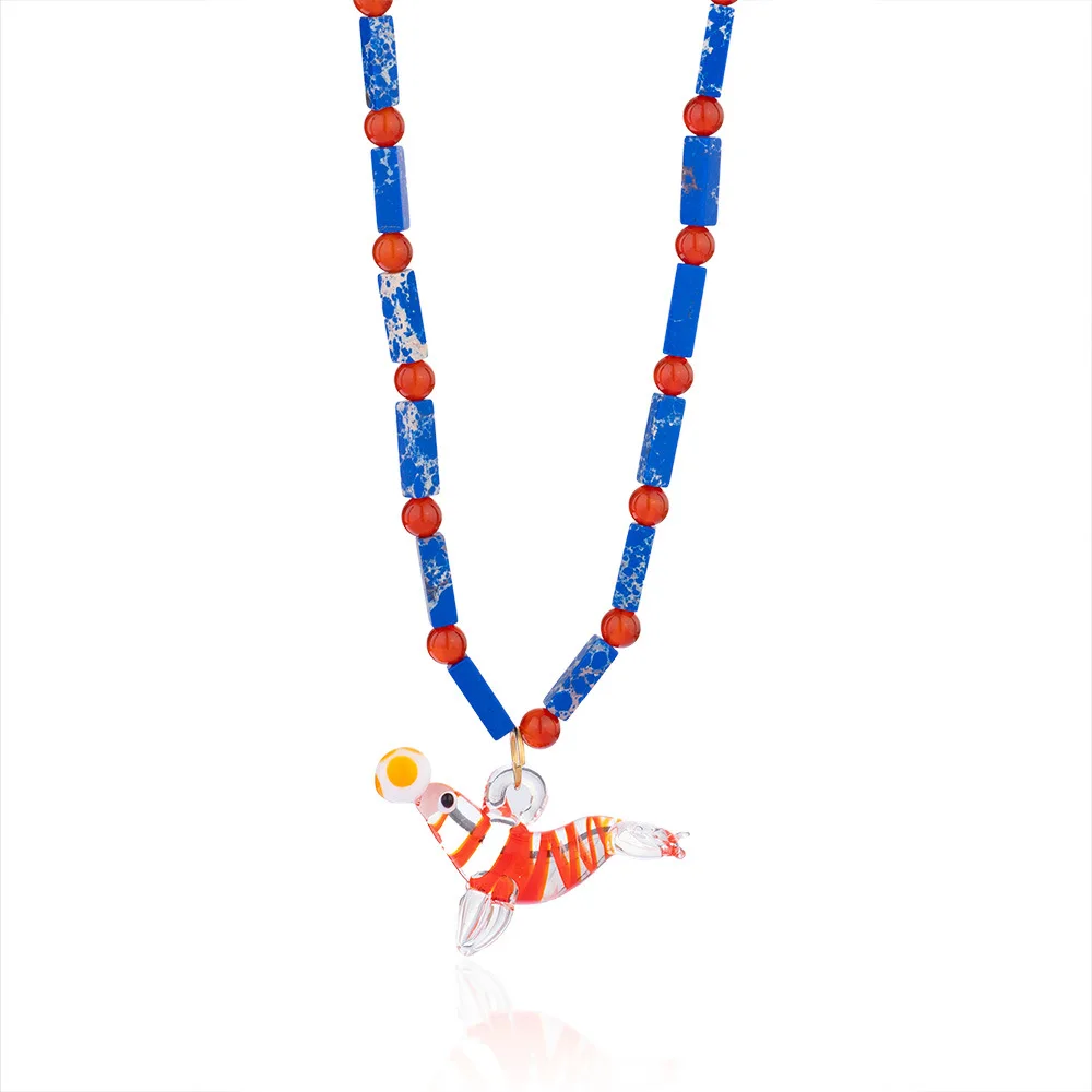 Charm Glass Small Fish Lobster Pendant Neckalce Cute Ocean Tropical Fish Colored Natural Stone Bead Necklaces Handmade Jewelry
