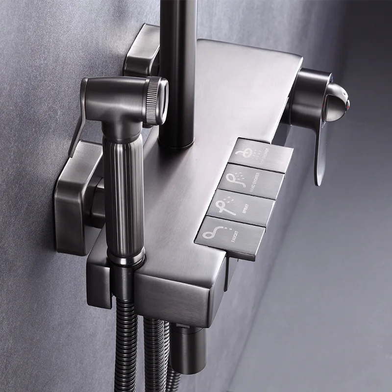 

Water-plated gray piano keys, four-gear thermostatic digital display shower faucet set, pressurized water mixing valve shower