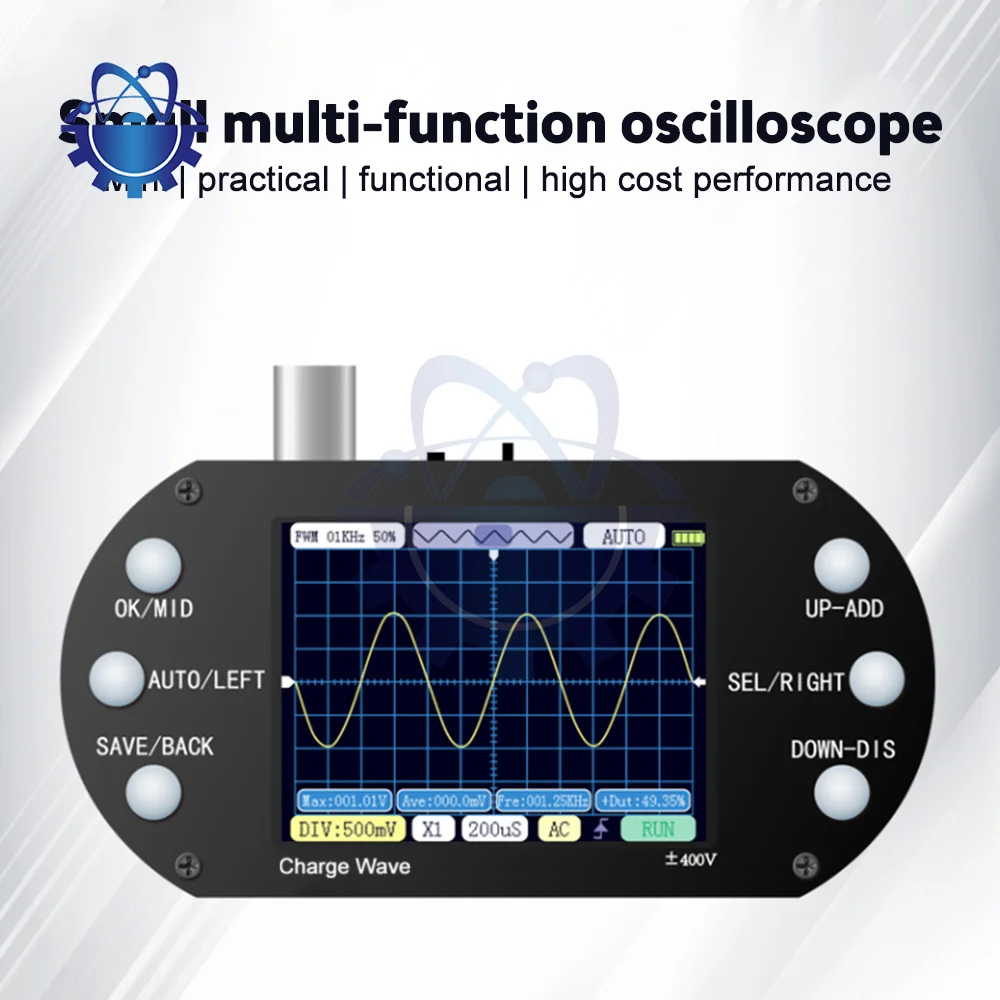 

Handheld Mini Oscilloscope 200KHz Bandwidth 2.5MHz Sample Rate Sinewave/Square Wave/Half Wave/Sink Pulse Wave Oscilloscope