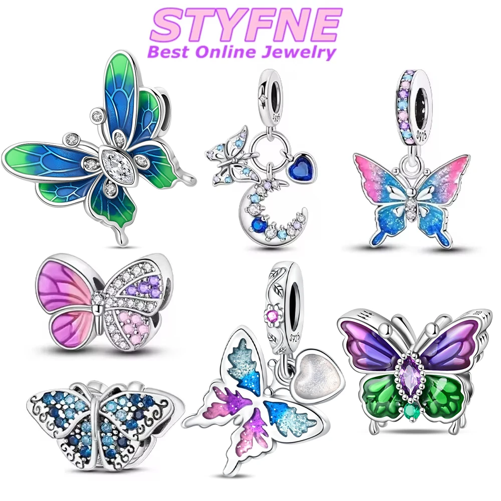 Elegant Blue Dragonfly and Butterfly Charm Bracelet in Original 925 Silver