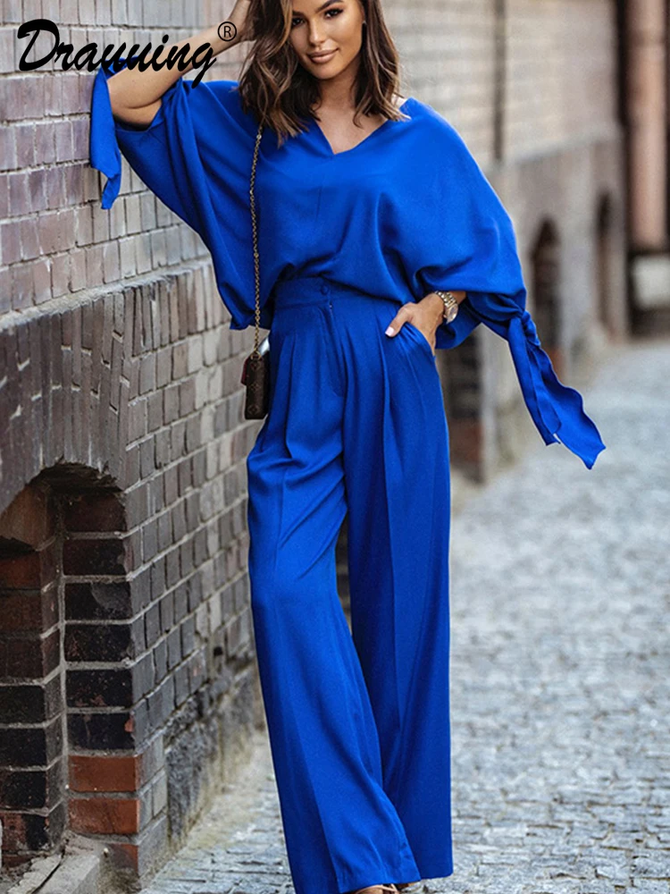 

D​rauuing 2 Pieces Pant Sets Shirts Top And Wide Leg Pant Outfit Women Matching Set For Women Fashion Casual Solid 2 Pieces Sets