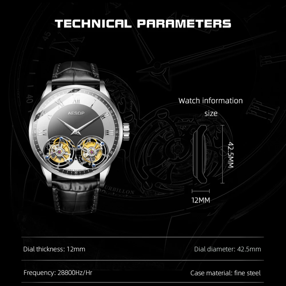 Aesop Men's Double Tourbillon Watch Hand Winding Movement Sapphire Business Fashion Male Mechanical Wristwatches Waterproof