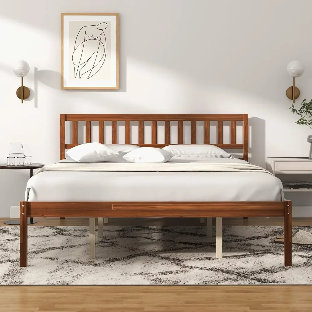 

Wood Queen Bed Frame with Headboard, Mid Century Platform Bed with Wood Slat Support, Solid Wood Foundation, 12 Inch Height Beds