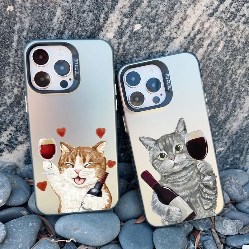 Chic Red Wine Glass & Cute Cat Shockproof Laser Phone Case Cover