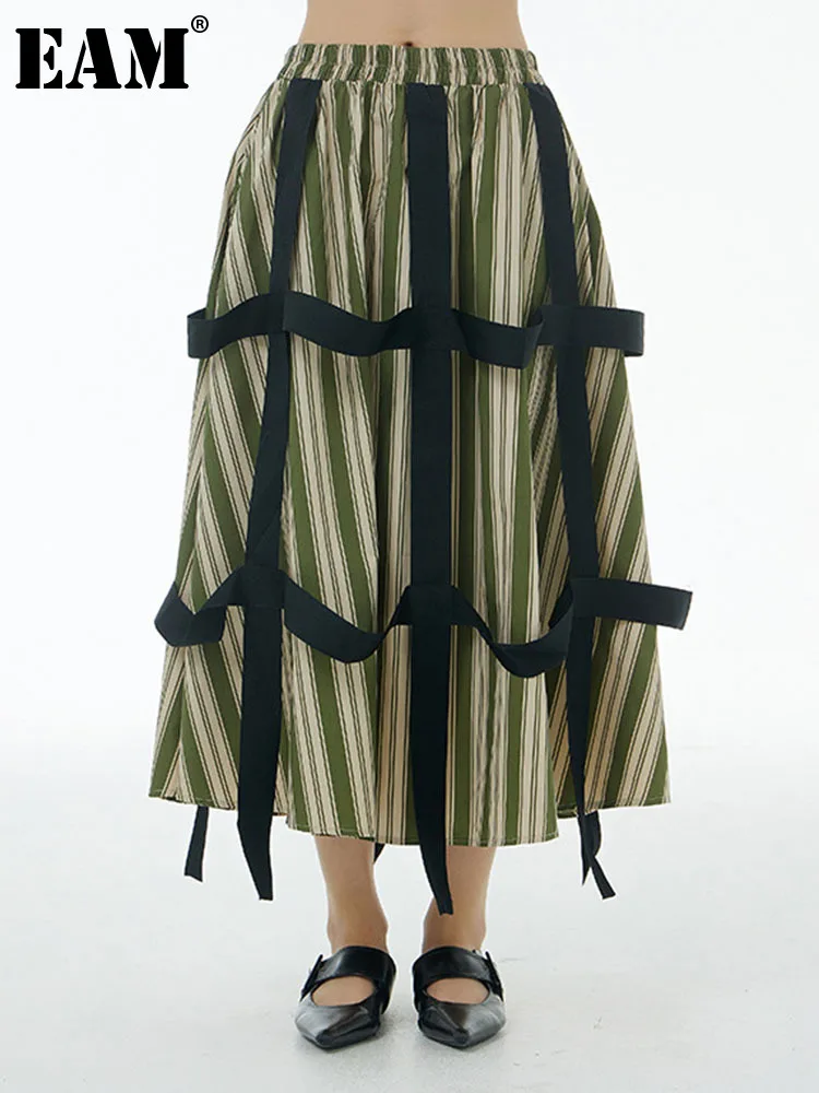 

[EAM] Women Black Striped Ribbon Midi Half-body Skirt High Elastic Waist Loose Fashion Tide New Spring Autumn 2023 1DF9202